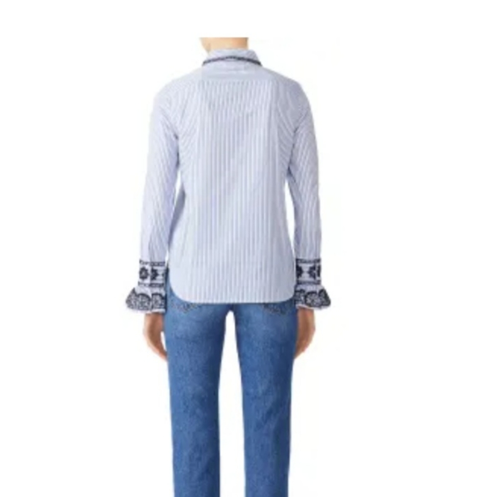 Tory Burch Blue & White Striped Embroidered Cuff Blouse - Picture 4 of 6